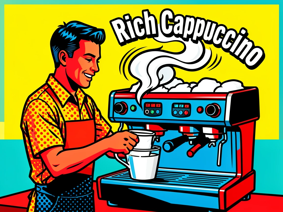 A barista steaming milk for a rich cappuccino behind a espresso machine