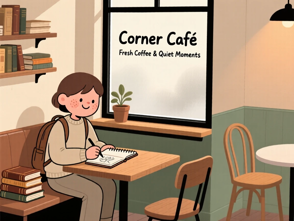A traveler sits by the window of a small corner café, sketching in a notebook as the smell of old paper and leather fills the air.