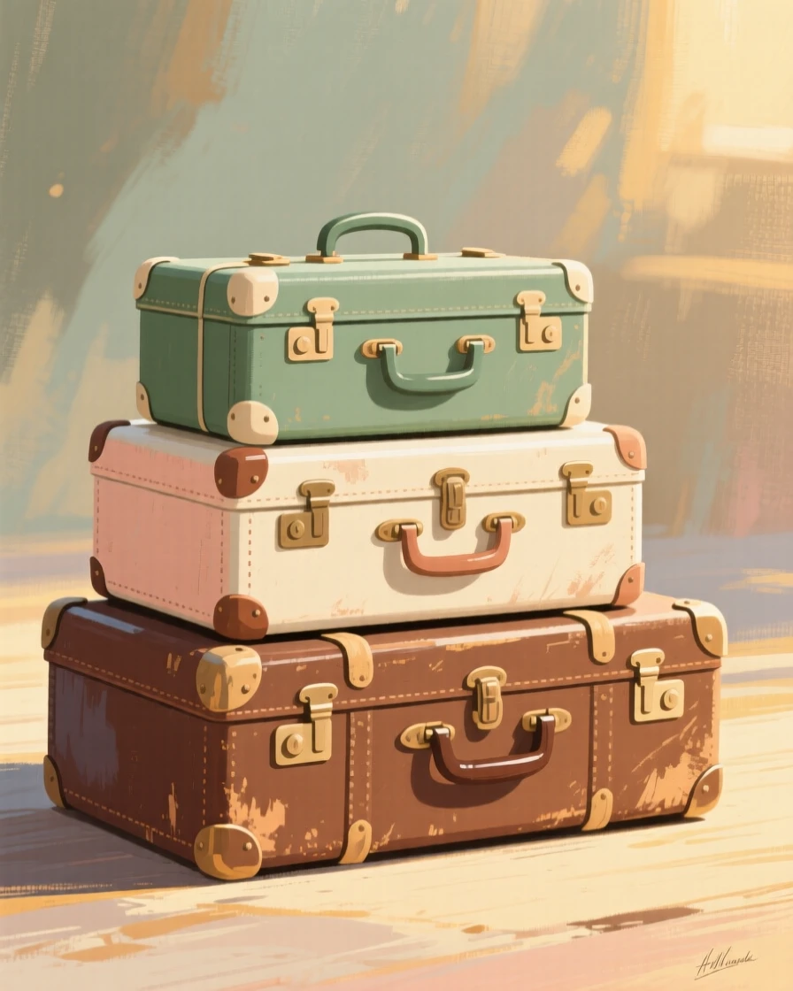 A vintage set of luggage stacked beside an old steamer trunk