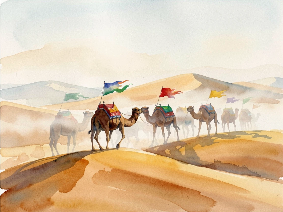 A desert caravan of camels crossing golden dunes with soft morning fog rolling through with colorful flags fluttering in the breeze.