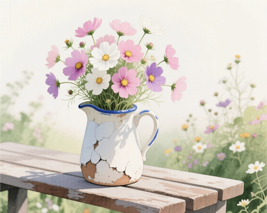 A bouquet of cosmos flowers in soft, layered tones fills a chipped ceramic pitcher on a garden bench in bloom, petals catching the gentle light