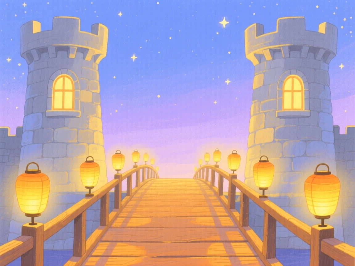 A wondrous view of a glowing lantern-lit bridge between two towers.
