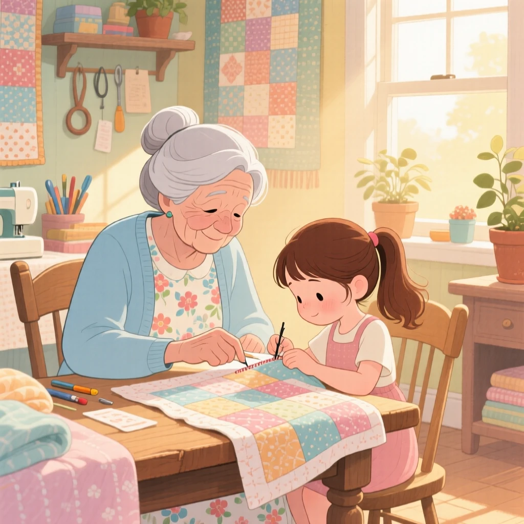 A grandmother teaching her granddaughter to sew her first quilt, surrounded by gentle, golden light, radiating kindness, hope, and heartfelt emotion.