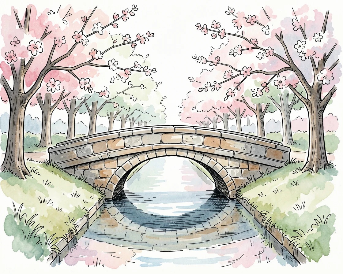 A quiet stone footbridge crossing a canal lined with flowering trees, a sense of timeless charm filling the scene.