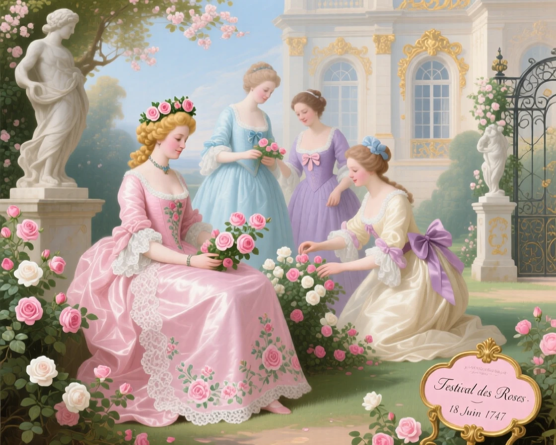 A queen and her ladies gathering roses for a palace festival  
