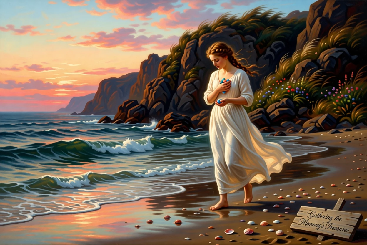A young woman walks barefoot along the tideline collecting seashells.