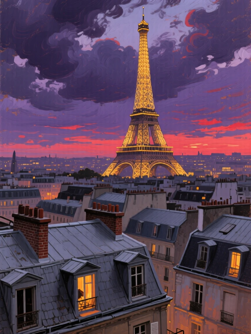 The Paris skyline at dusk with the Eiffel Tower glittering above the rooftops, as a dramatic sky adds depth and atmosphere to the skyline, capturing the timeless beauty and character of a legendary destination