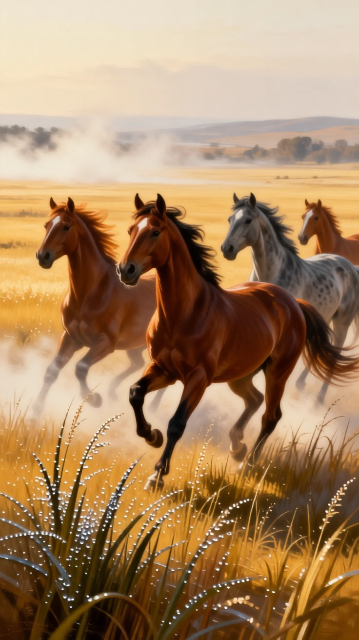 A flock of wild horses galloping freely across an open golden plain as instinct and elegance move in perfect harmony, set within an untouched wilderness far from human hands, with dew-covered grass, drifting mist, and soft golden light; soft depth of field isolates the animal against a dreamlike backdrop, filled with gentle warmth and admiration for living creatures.
