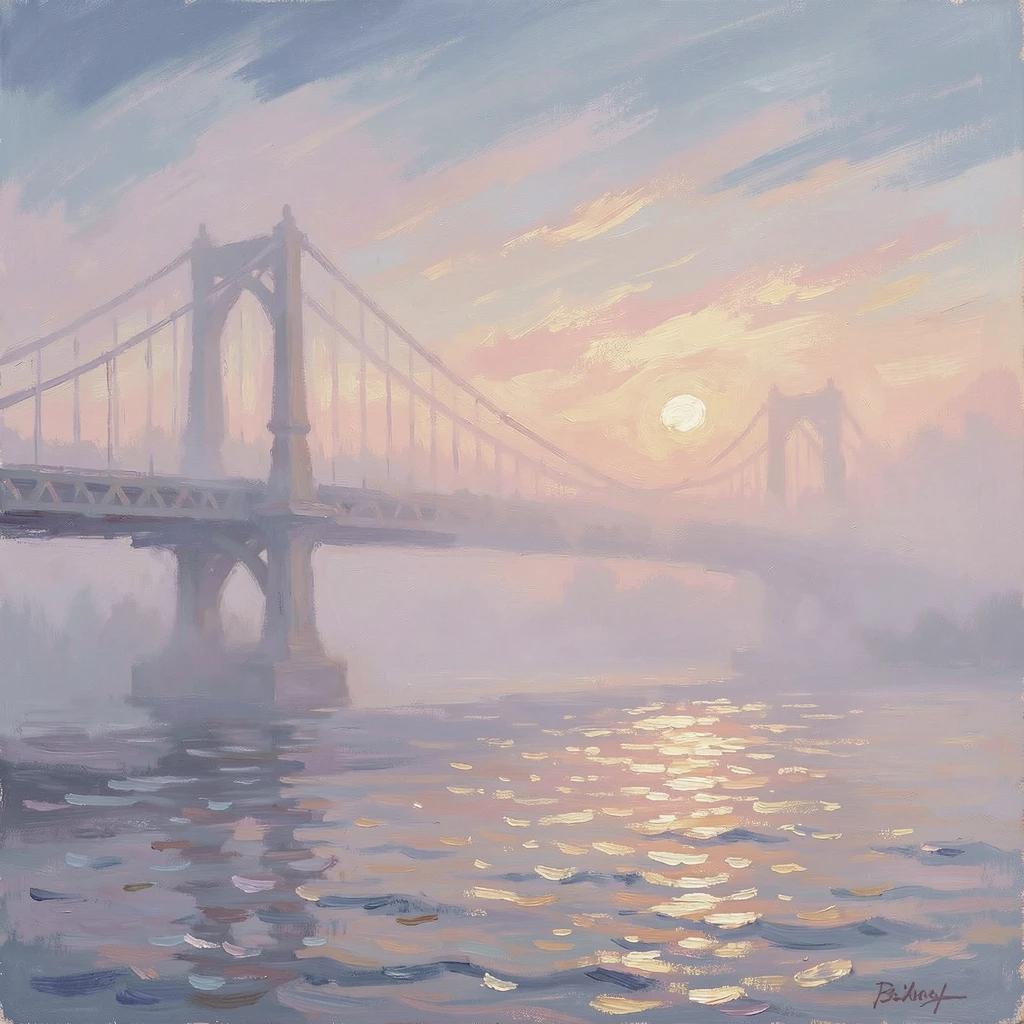 A dramatic fog rolling over a suspension bridge at dawn, the towers disappearing into the mist, as the first light of dawn breaks.