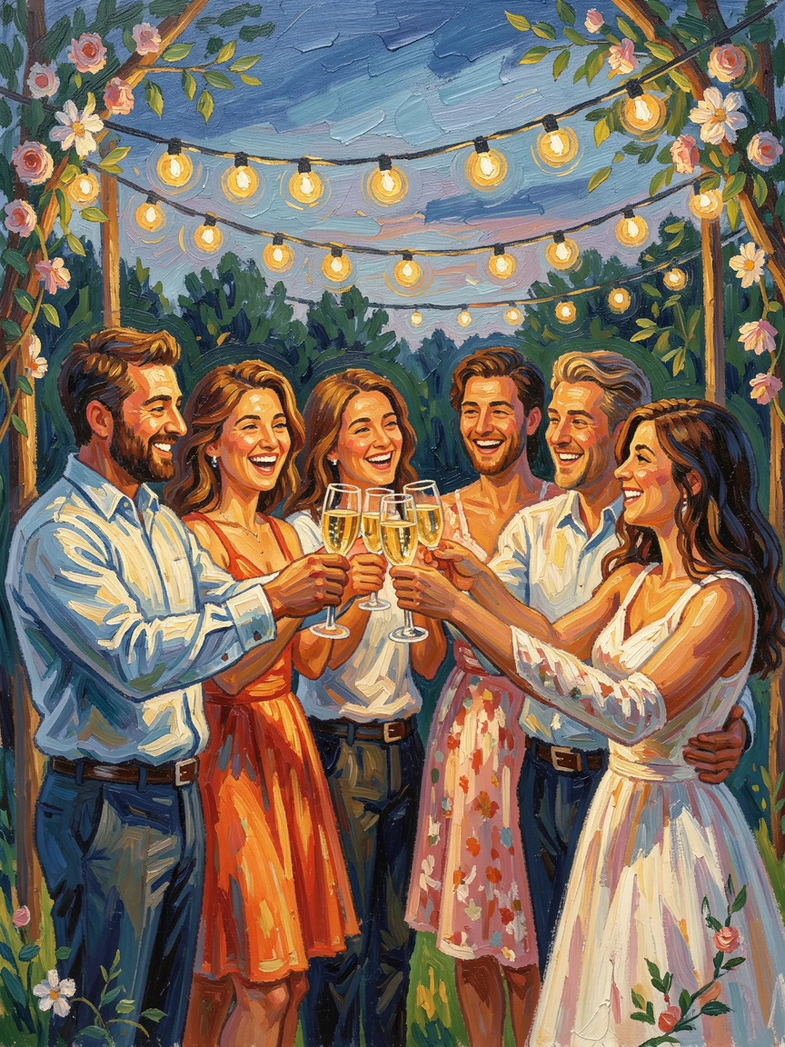 A wedding toast among close friends, glasses raised beneath string lights.