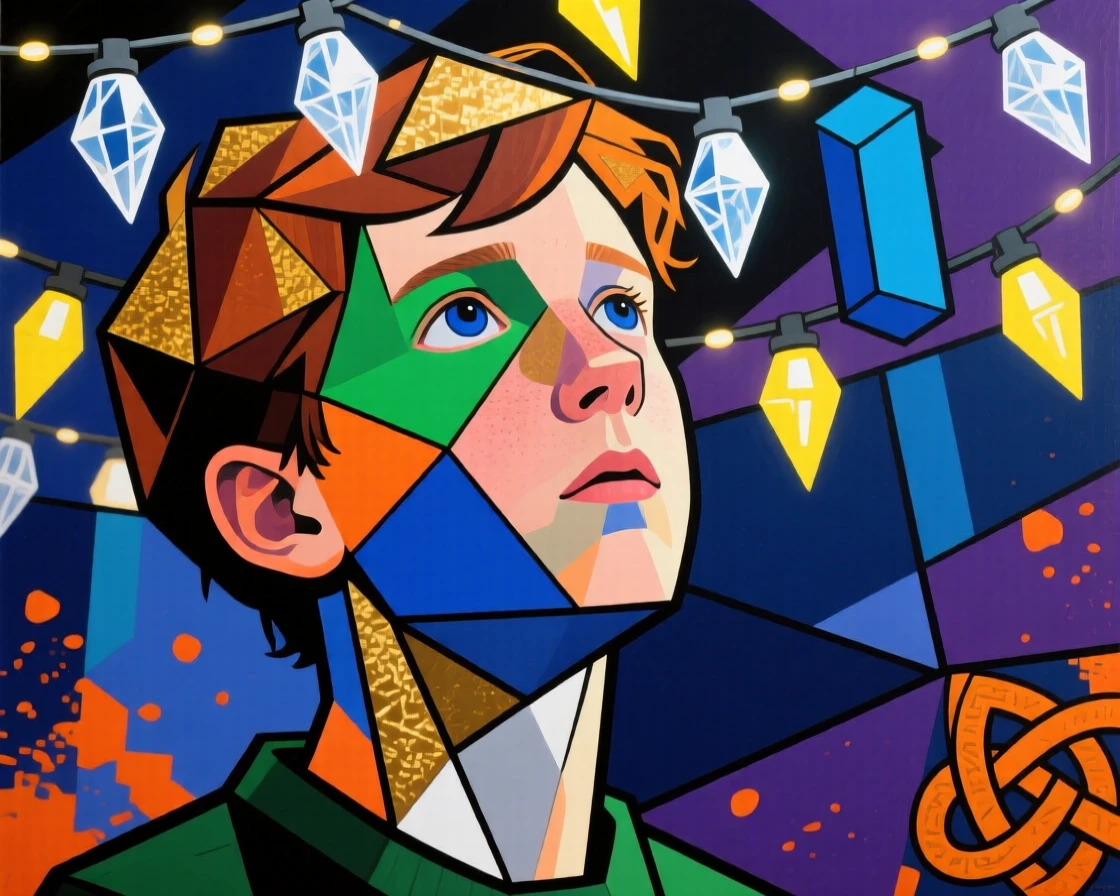 A close-up portrait of a teenage boy of Irish heritage, looking up in awe, beneath a canopy of string lights.