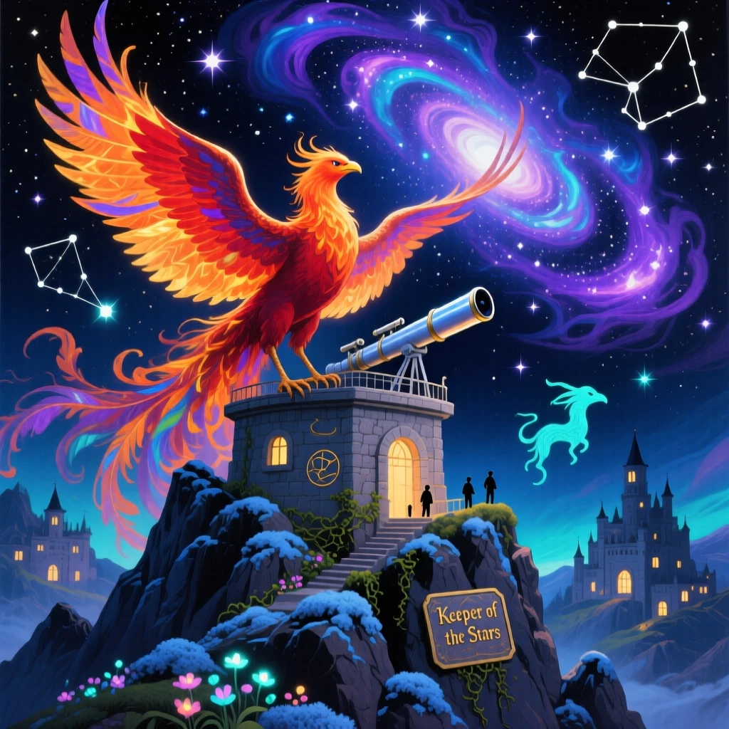 A celestial phoenix nests atop a mountain observatory, its feathers glowing like embers against a backdrop of swirling galaxies, the scale of the scene emphasized by tiny details that suggest an entire hidden world beyond the frame.
