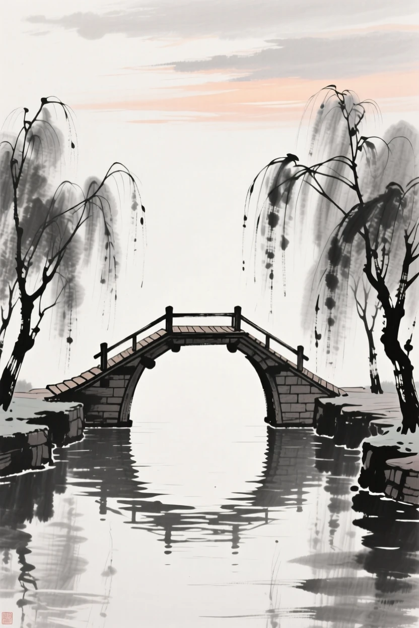 A wooden footbridge crosses a quiet canal lined with willow trees, beneath a sky tinged with the colors of early evening.