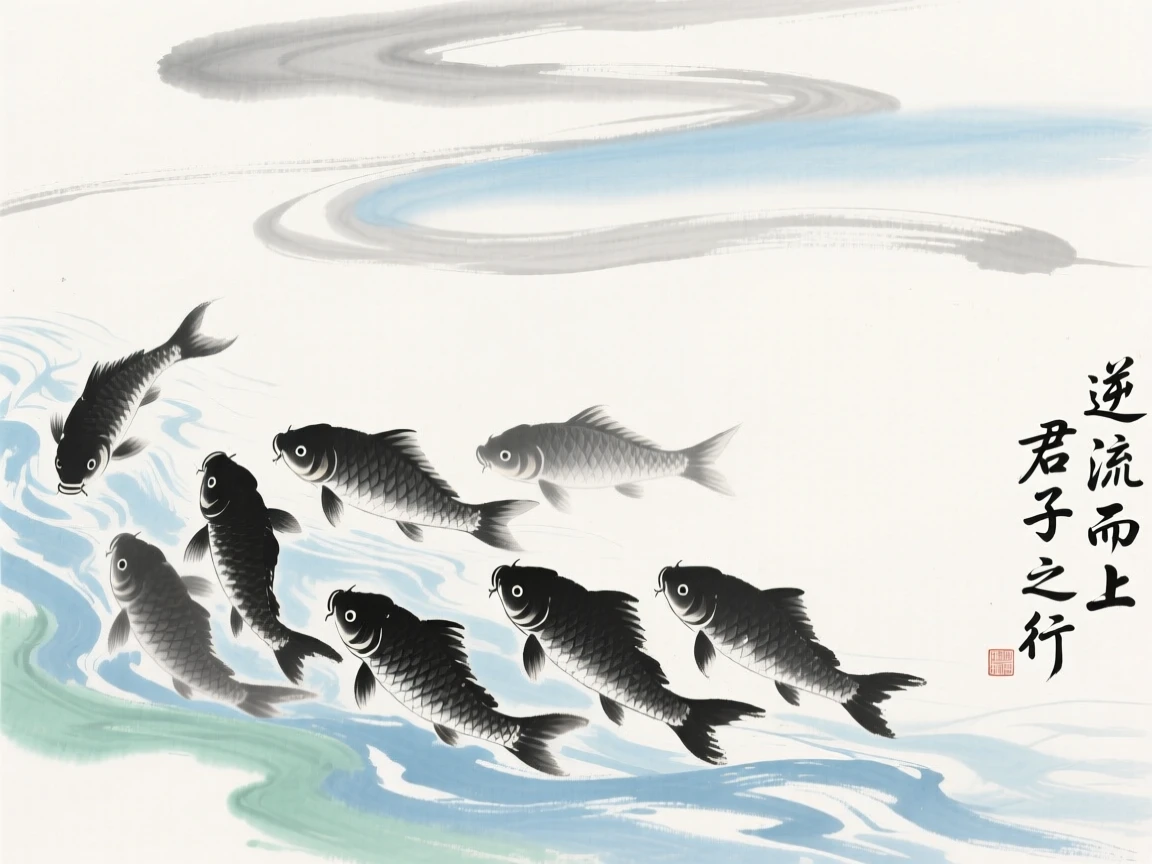 A group of carp swimming upstream against a gentle current, under a sky streaked with clouds.