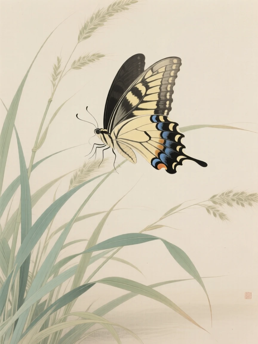 A swallowtail butterfly among tall grasses swaying in the breeze