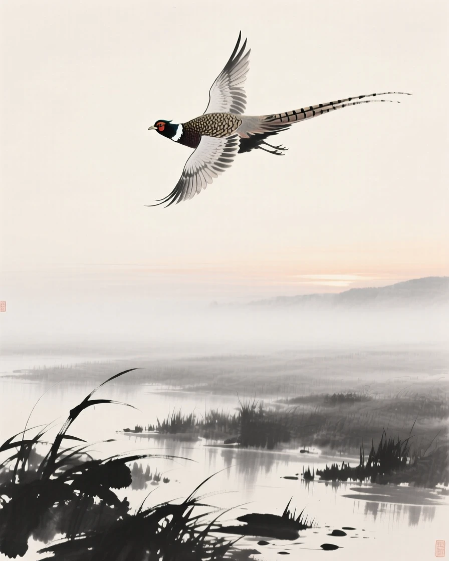 A pheasant soaring high against an open sky above a misty wetland at dawn, seen up close with delicate feather detail, evoking grace, freedom, and quiet elegance.