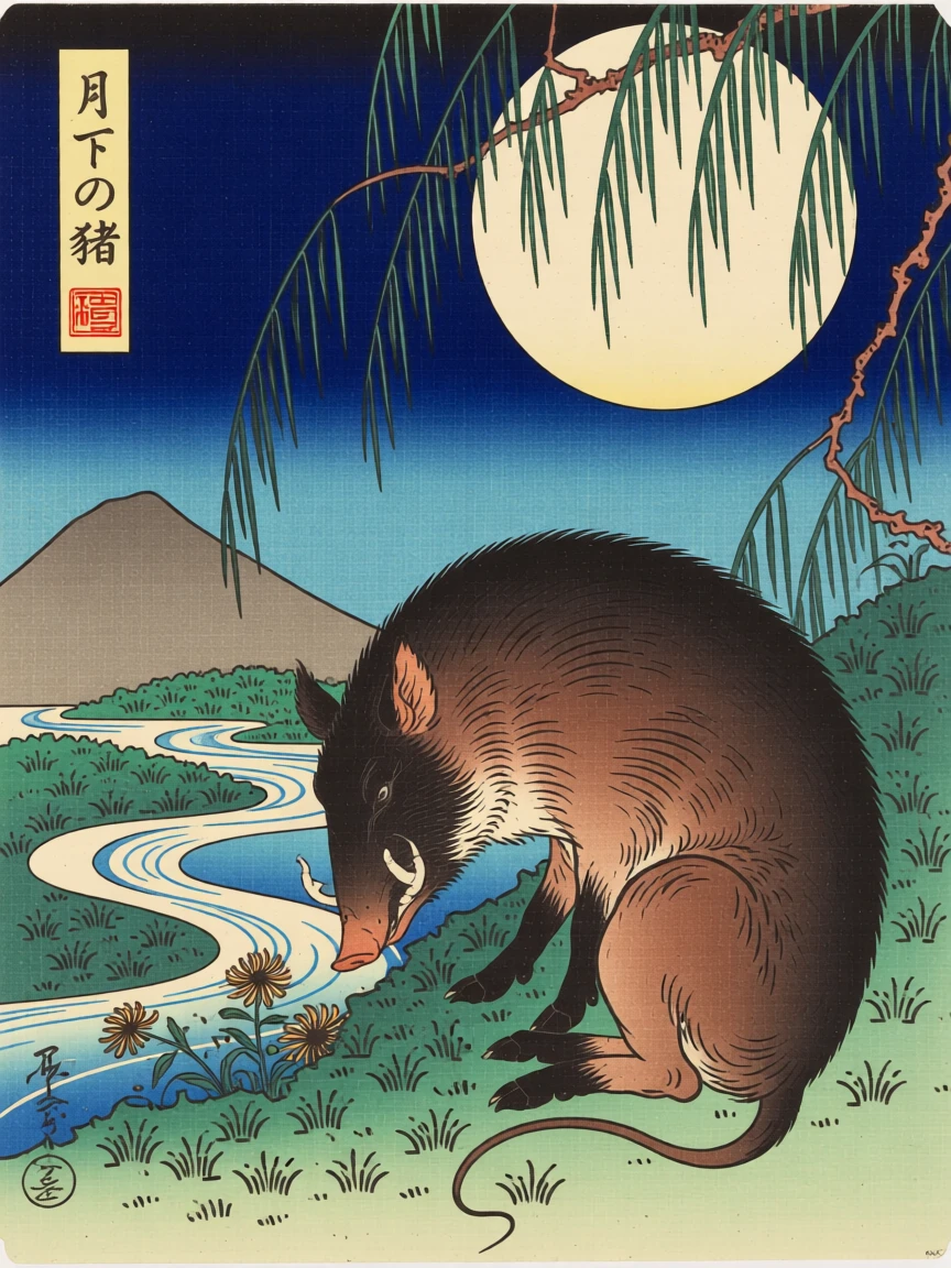 A wild boar perched silently under a full moon.