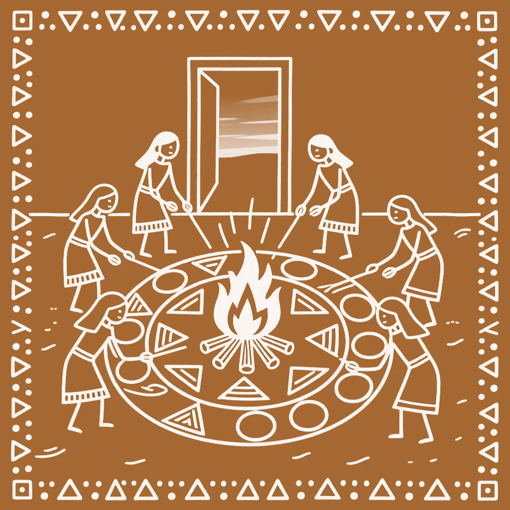A group of women drawing a ritual pattern at their doorstep around a ceremonial bonfire at dusk.