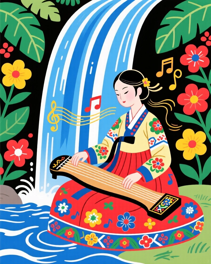 A young empress playing a haunting melody on an ancient string instrument beside a waterfall, in the deep