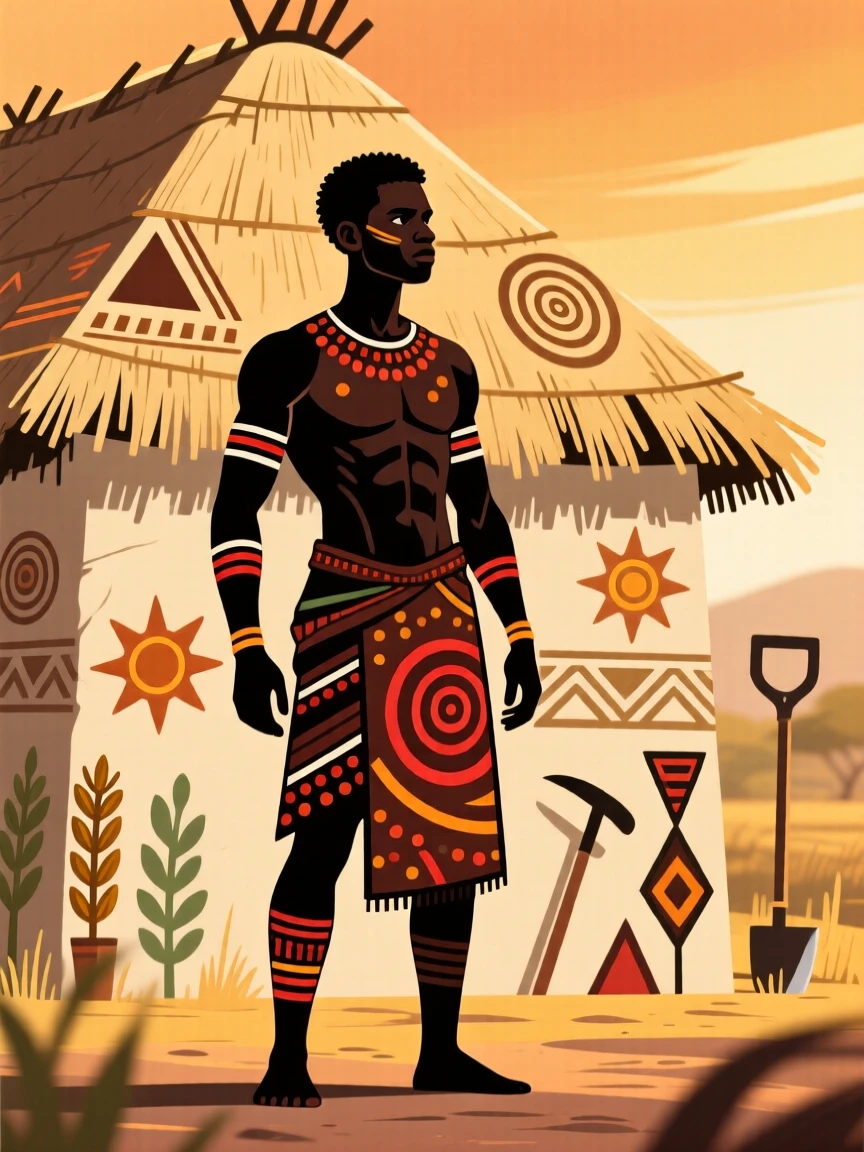 A strong young farmer standing before a thatched hut at golden hour.