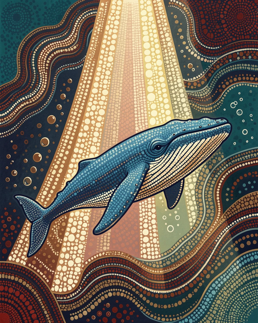 A blue whale illuminated by shafts of underwater light