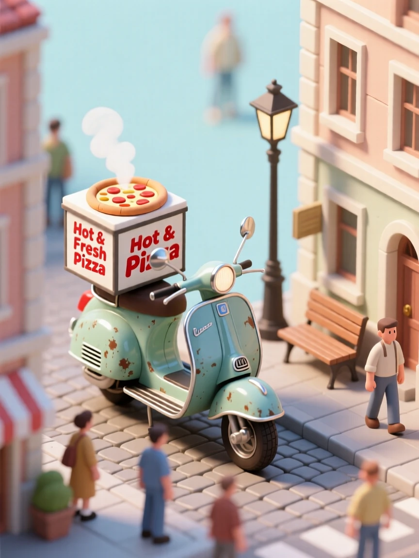 A vintage motor scooter delivering pizza through a bustling city street, steam rising from the box strapped to the back.