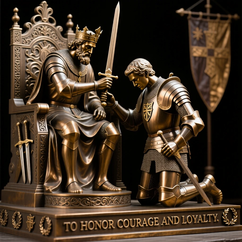 A legendary knight being knighted by his king, with a strong sense of narrative and history, evoking legend and timeless drama
