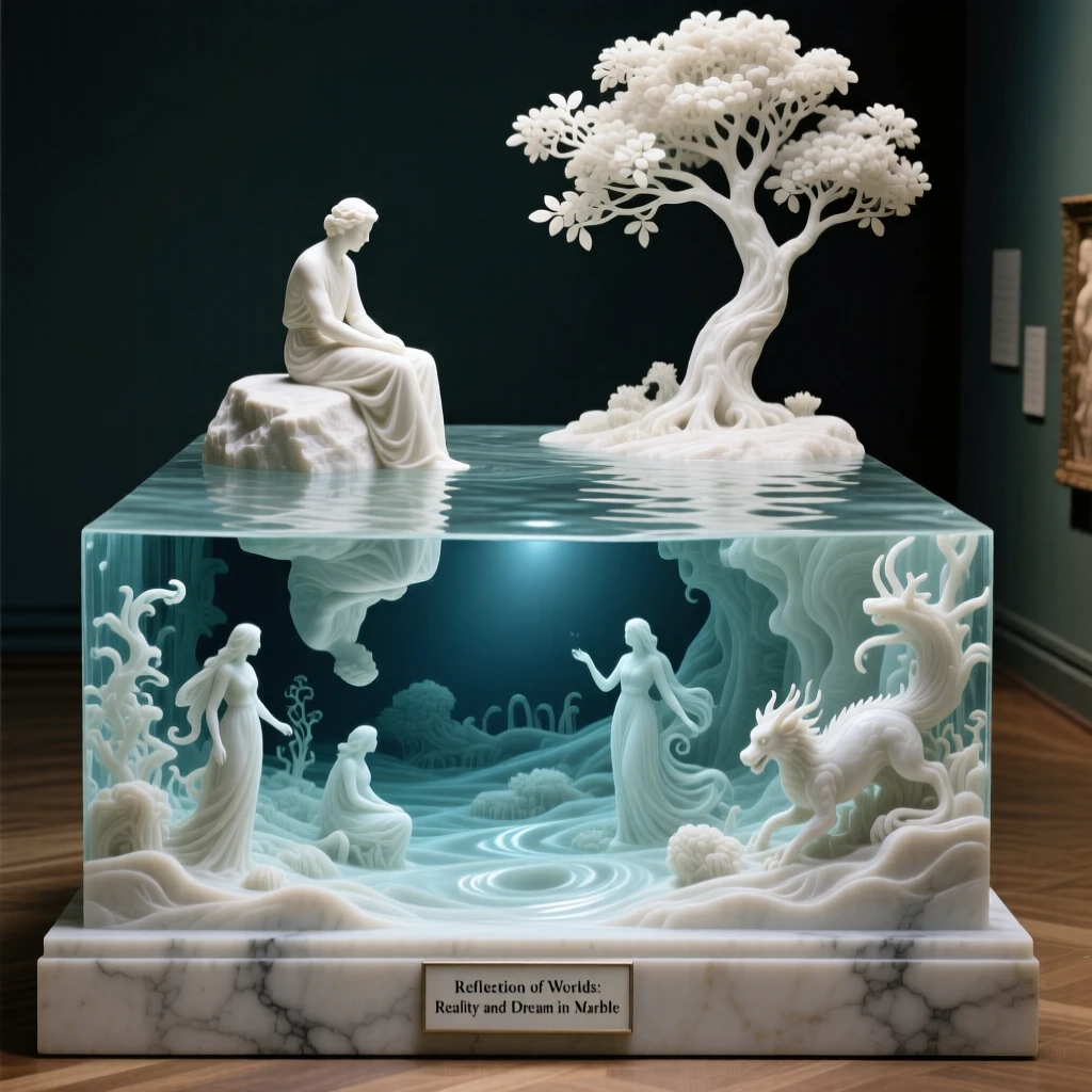 A striking, imaginative composition featuring a reflection in water that reveals a different world beneath, blending realism with dreamlike wonder