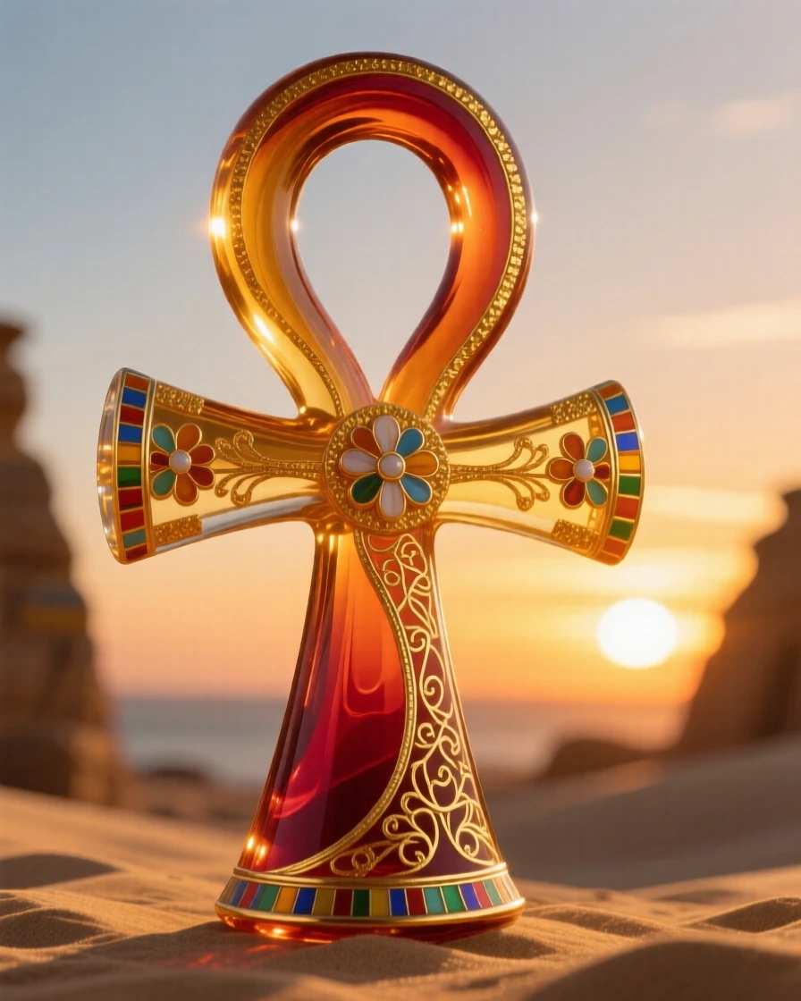 A Egyptian ankh symbol carved into golden sandstone at sunset, ancient and sacred.
