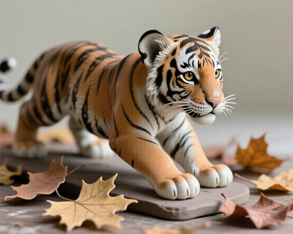 A tiger cub pouncing gazing calmly toward the horizon, framed by scattered autumn leaves, stirring a feeling of gentle wonder.