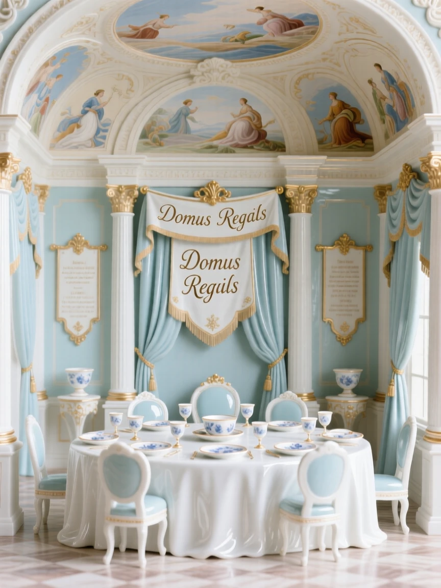 The ornate interior of a royal banquet hall, intricate ceiling frescoes overhead.