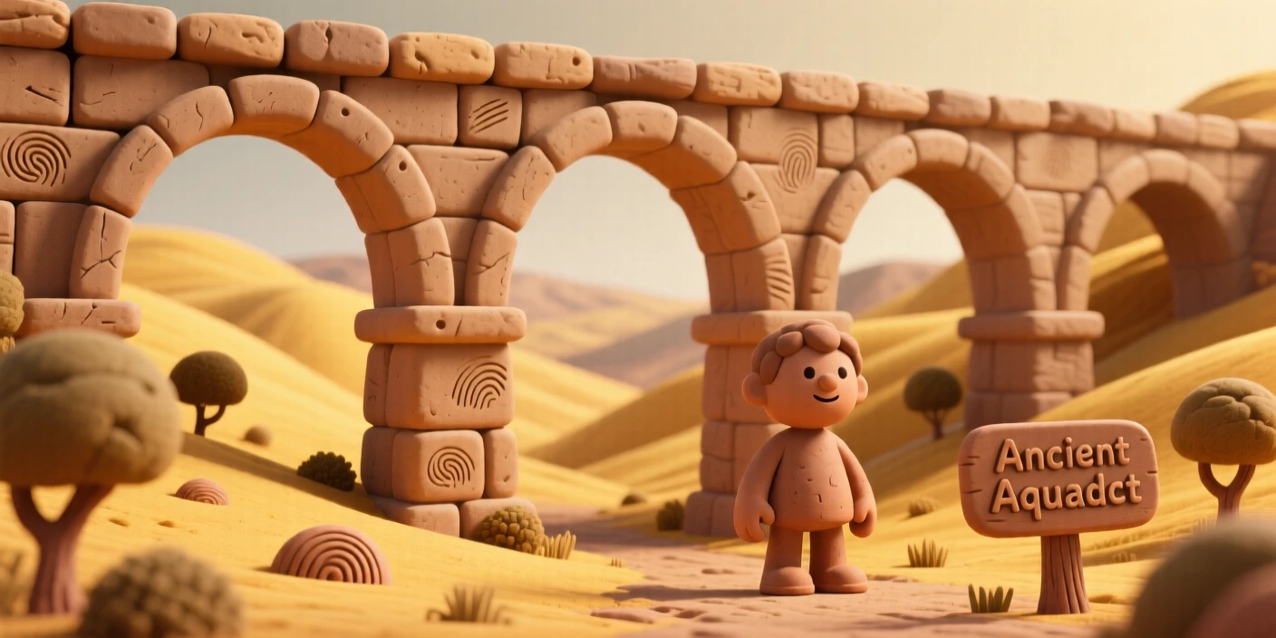 A grand arched aqueduct stretching across a golden valley