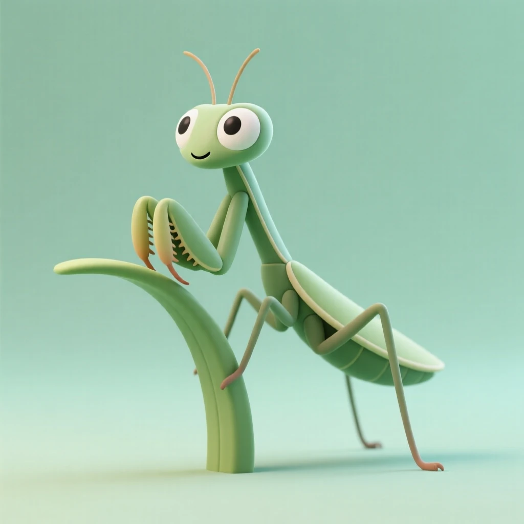 A curious praying mantis balances delicately on a blade of grass, head tilting with curious precision.