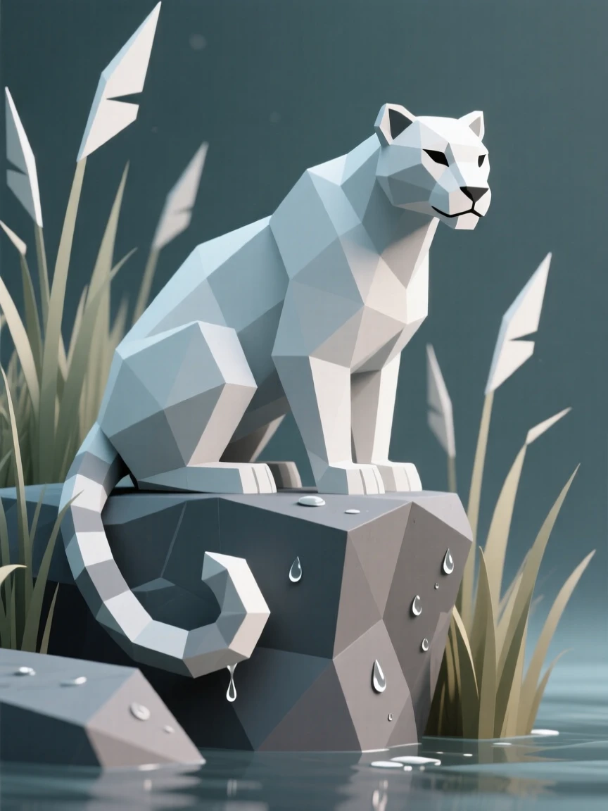 A snow leopard perched on a rocky ledge, amid tall swaying grass. water droplets and fine textures catch the light. The atmosphere is wild and untamed.