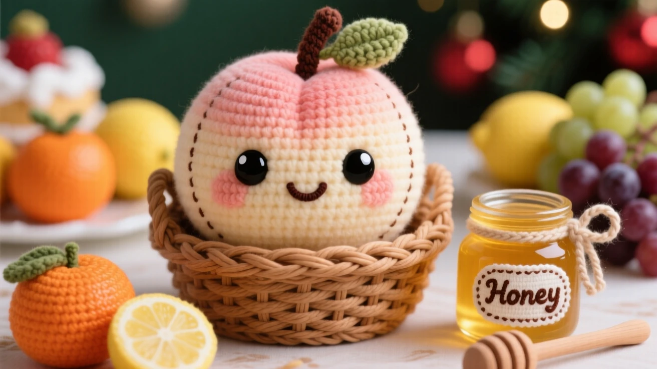 a round peach character, with a fuzzy blush-colored skin, is shown resting in a wicker basket of fresh fruit on a festive holiday dessert table beside a small jar of honey with a wooden dipper, capturing a cozy sense of shared treats.