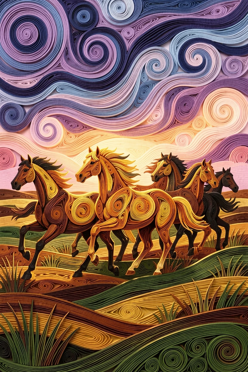 A striking wildlife scene of a herd of wild horses galloping across an open plain across an open, sweeping natural landscape, with warm golden light rimming the fur or feathers, framed in a dramatic silhouette against the sky.