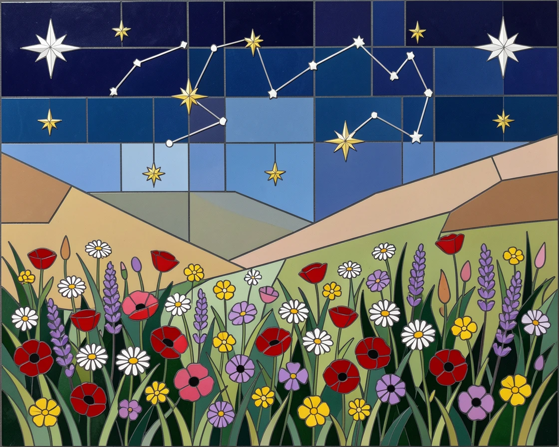 A quiet meadow filled with wildflowers beneath a sky full of stars.