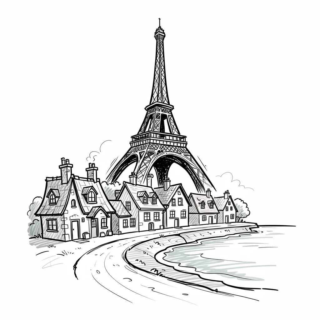 The Eiffel Tower rising above rooftops along a scenic coastal path.