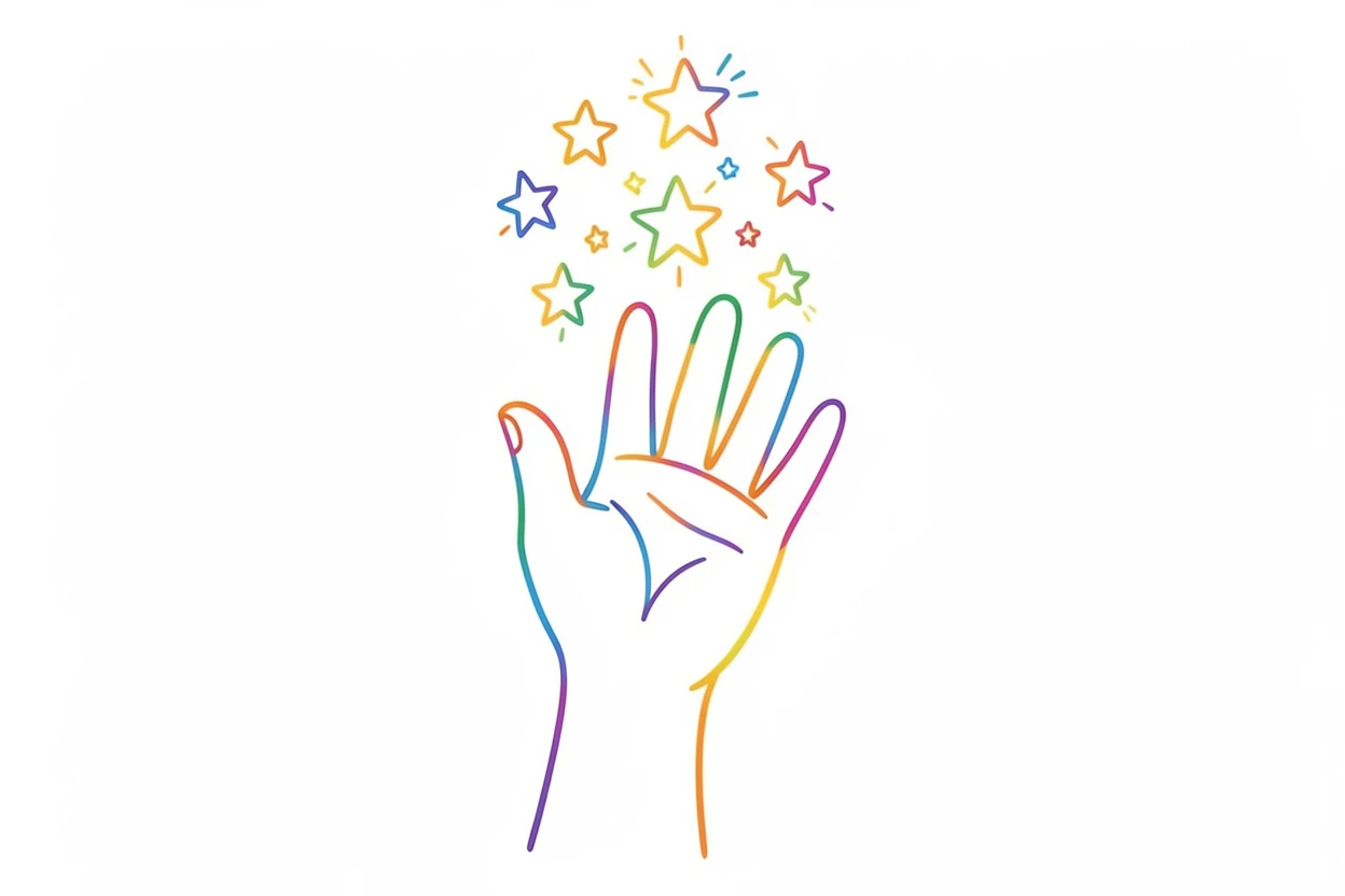 A hand reaching upward toward a cluster of glowing stars.