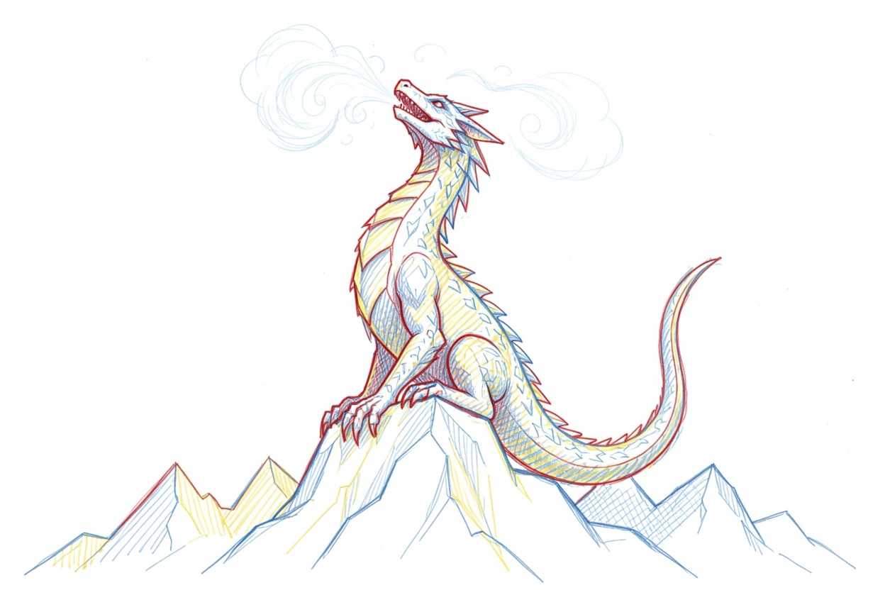 A towering ice dragon breathing frost across a frozen mountain range