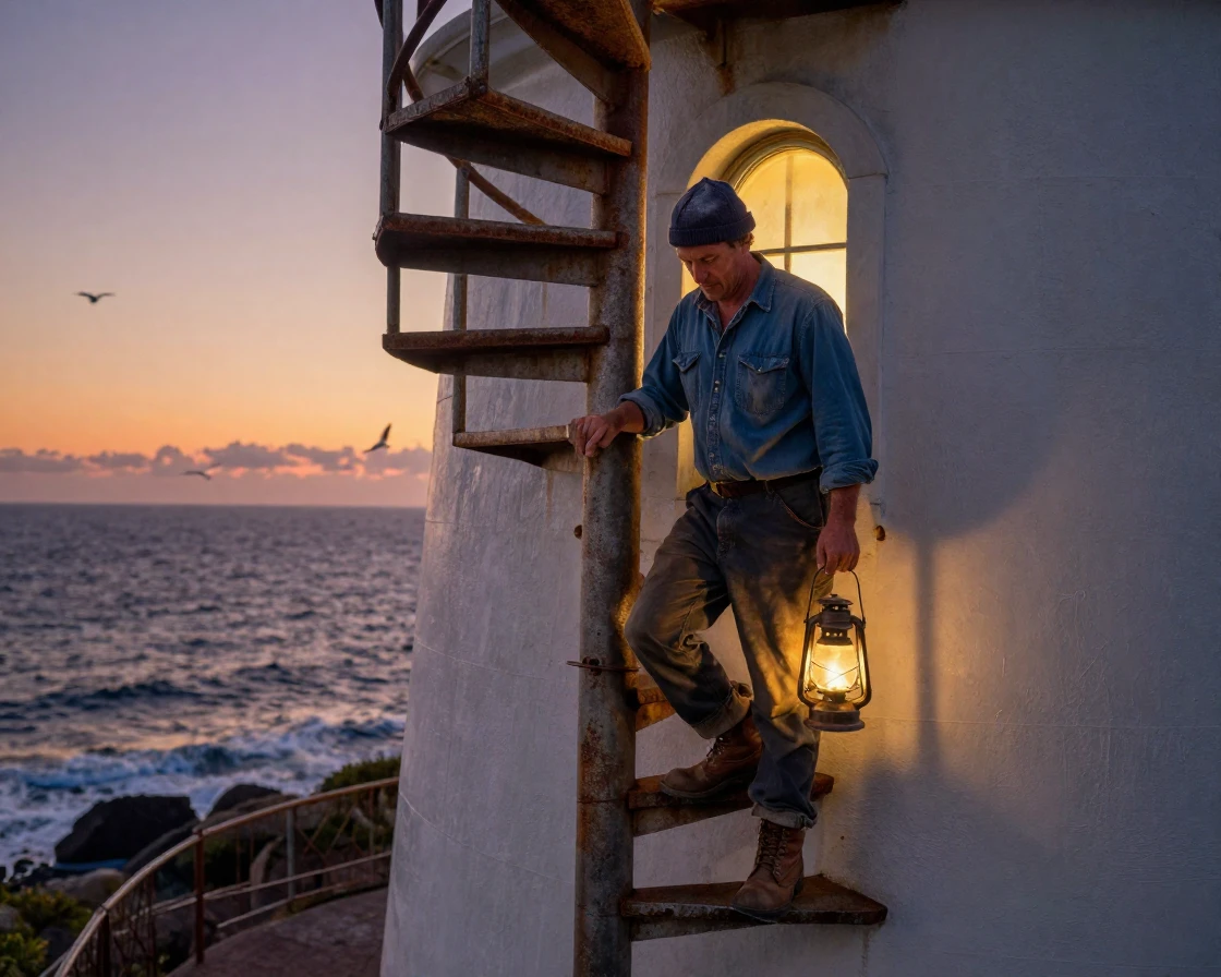 A lighthouse keeper climbing spiral stairs at dusk