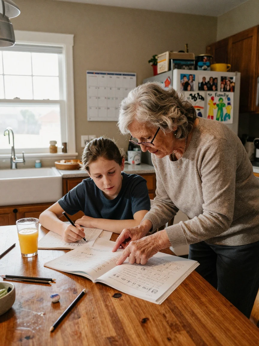 A retired teacher tutors a struggling student at her kitchen table after school.