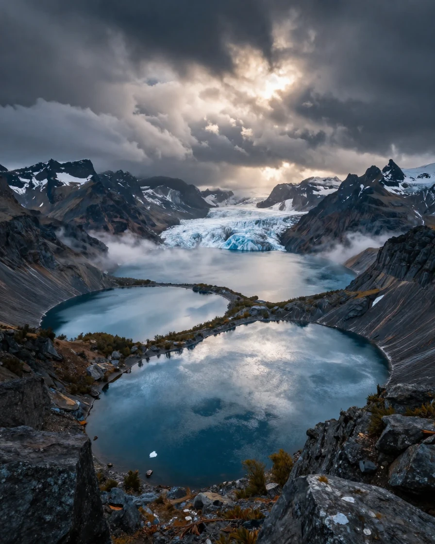 A network of glacial lakes wrapped in swirling storm clouds