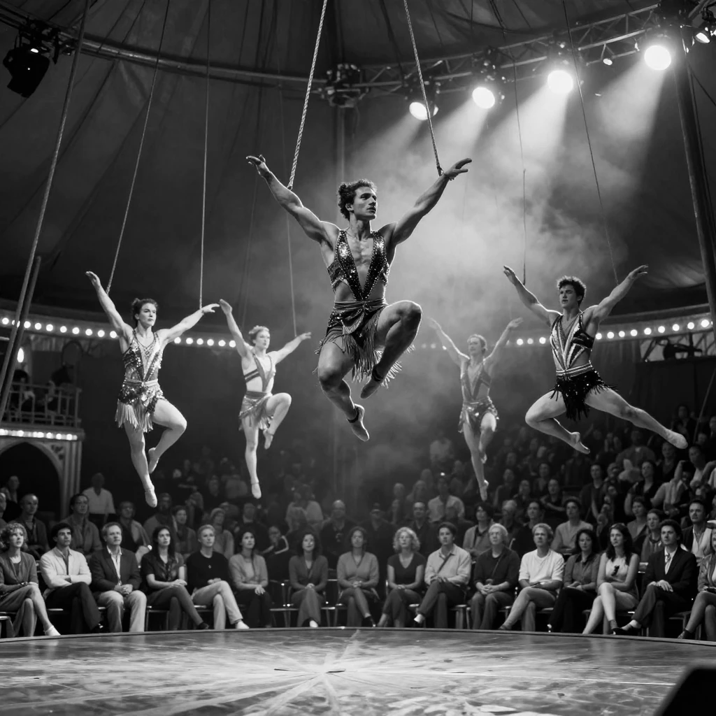 A troupe of circus acrobats flies through the air on a trapeze above a hushed audience.