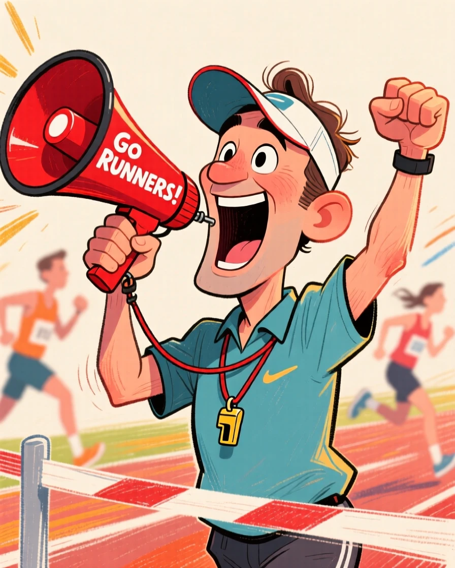 A marathon coach cheering runners on from the sidelines with a megaphone.