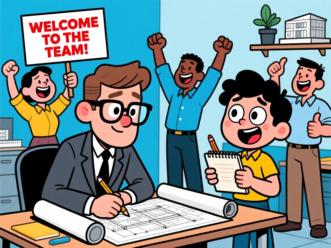 A vibrant profession-themed portrait of a meticulous architect training a wide-eyed new recruit, with coworkers cheering in the background.