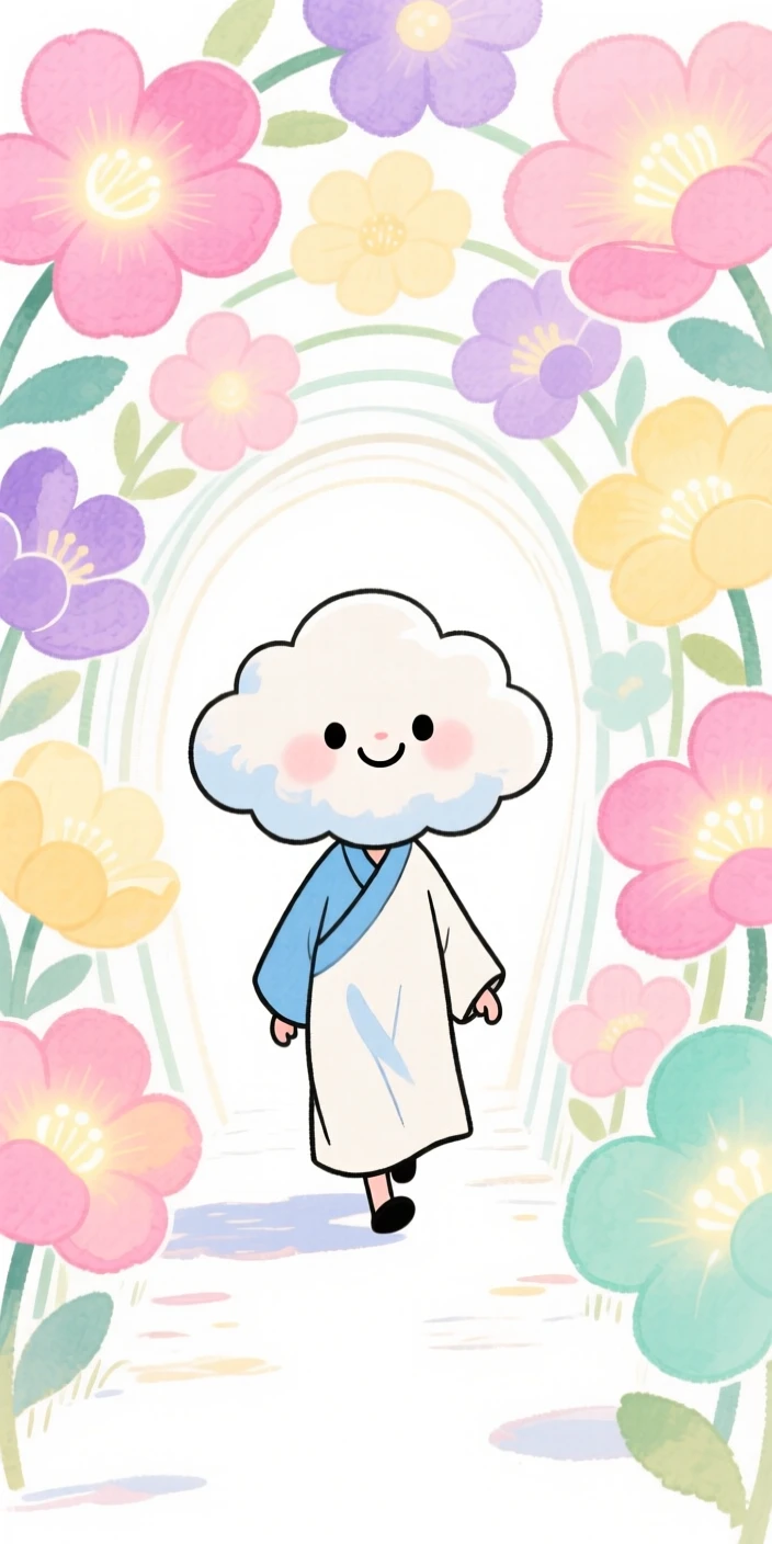 A cloud shepherd walking through a tunnel of blooming glowing flowers