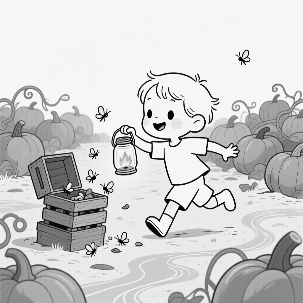 A child chasing fireflies with a mason jar, watching helplessly as the stack tips over, set in a pumpkin patch overflowing with orange gourds. Seafoam traces delicate patterns in the sand. It captures the quiet wonder of the changing seasons.