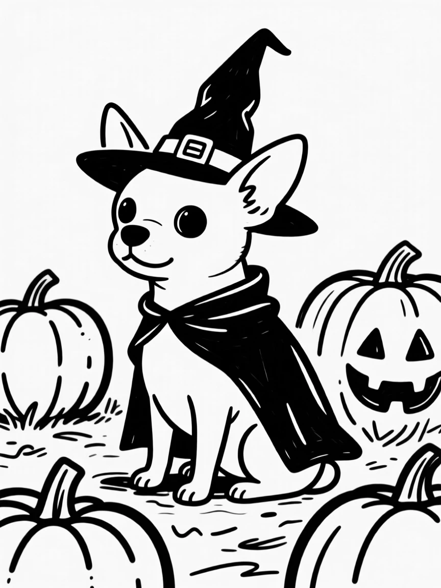 A chihuahua dressed as a tiny witch or wizard for Halloween, sitting in a pumpkin patch.