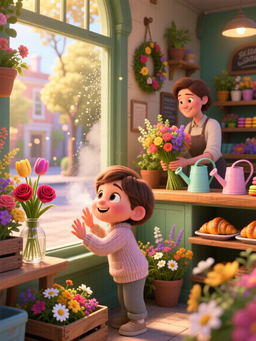 A child pressing their nose against a bakery window is captured inside a small flower shop filled with color, with warm morning light spilling across the scene. A gentle, charming warmth fills this everyday moment.